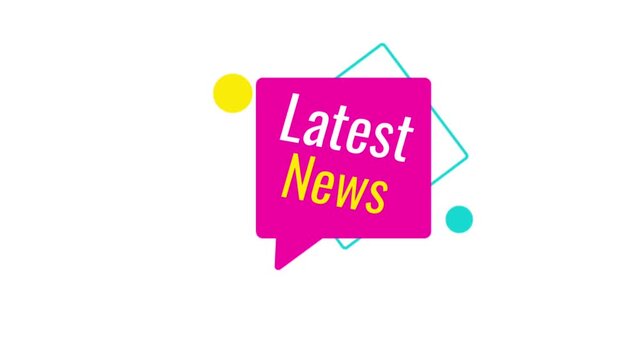 Animated flat vector "Latest News" badge inside a vibrant pink chat box with geometric frames, isolated on a white background, perfect for recent updates and news feeds