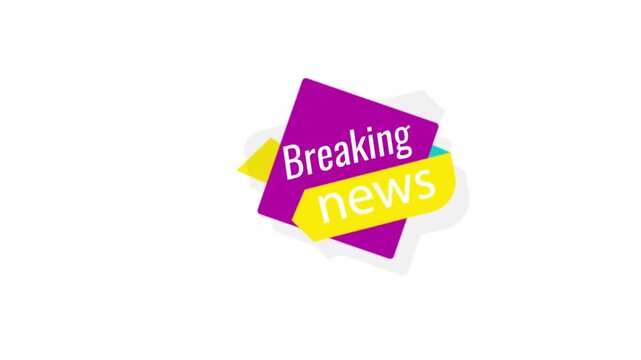 Animated flat vector "Breaking News" text badge featuring purple square and yellow border frame, isolated on a white background, suitable for news reporting and channel overlays