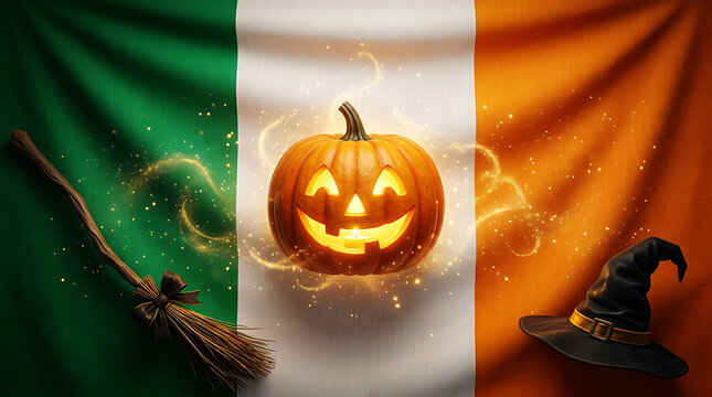 Illuminated jack o lantern with irish flag background for halloween celebrations