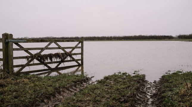 Five Bar Gate Half Submerged in a Flooded Winter Field