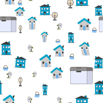 Seamless pattern of houses, fans, and baskets