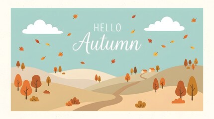 Obraz premium Cute autumn landscape illustration with rolling hills, colorful trees, falling leaves, and small houses under a blue sky with clouds