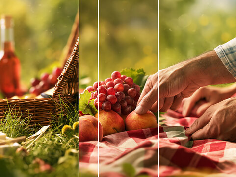 A charming picnic scene with a basket full of fruits, a bottle of wine, and a checkered blanket spread on the grass, evoking a sense of outdoor relaxation and shared enjoyment