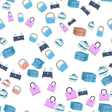 Seamless pattern of shopping bags, baskets and gift boxes