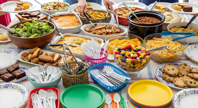 Large colorful potluck buffet table loaded with homemade dishes desserts and salads for community gathering