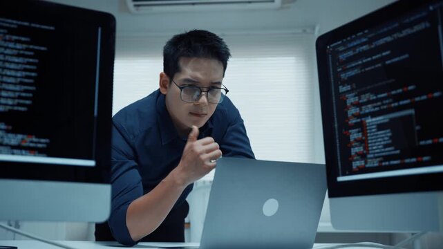 Asian programmer coding on multiple screens and thinking about a problem in a modern office with a low angle view