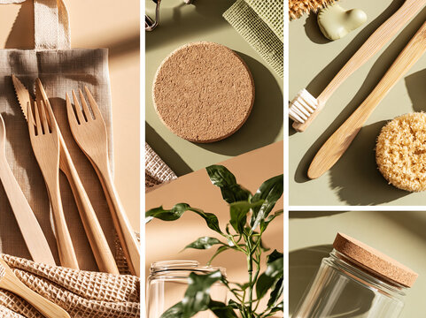 Collage of eco-friendly reusable products made from natural materials like bamboo and cork, including cutlery, coasters, and containers, emphasizing sustainability