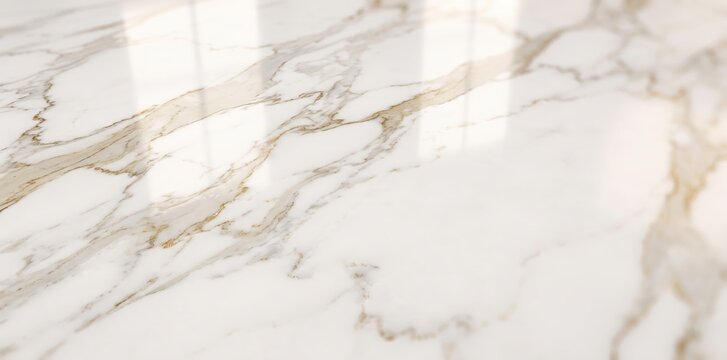 White marble surface with brown veining and glossy reflective texture, close-up view of polished stone slab for interior backgrounds