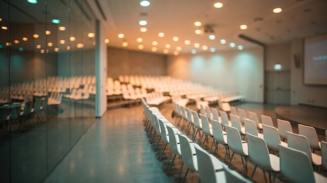 Blurred conference hall interior with empty white chairs, modern lecture theater background, out of focus auditorium for corporate events and seminars