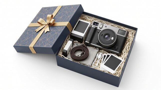 Luxury digital camera gift box with compact camera and accessories isolated on white background, premium photography present for birthdays, celebrations, travel, creators and special occasions