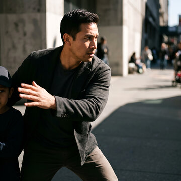 Man in Defensive Stance During Street Confrontation in City
