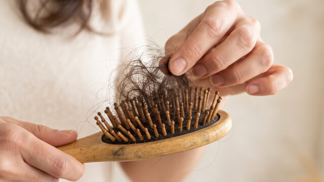 Person removing fallen hair from a wooden hair brush