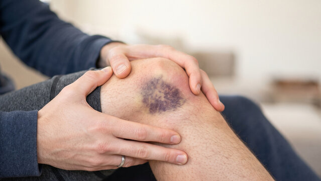 Person holding knee with a large purple bruise injury