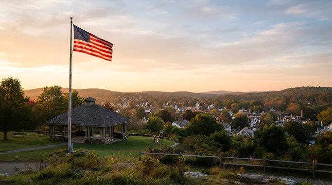 American flag waving on a pole overlooking a small town landscape during a beautiful golden sunset