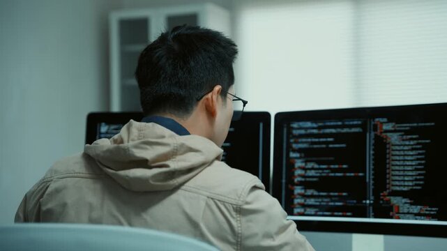Young male asian programmer coding on dual monitor computer writing code and developing a new software in his office