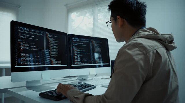 Asian male IT programmer developing new software and coding on multiple computer screens at his desk in a modern office