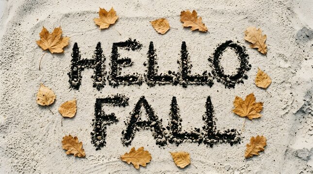Hello fall text written on sand with scattered autumn leaves