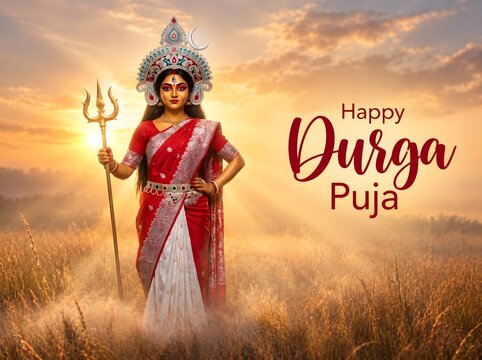 Radiant Goddess Durga in Traditional Red Sari Standing Triumphantly at Golden Hour with Trident Amidst Ethereal Sunlit Fields