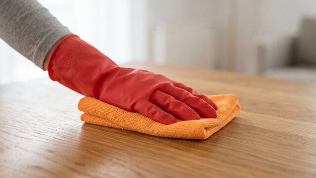 Person wearing red rubber gloves cleaning wooden table surface