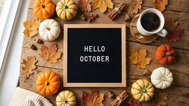 Cozy autumn flat lay with mini pumpkins, coffee, and a sign saying hello october on a wooden table