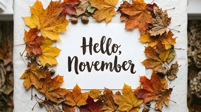 A white card with the text hello november surrounded by a frame of colorful autumn maple leaves and acorns on a white background