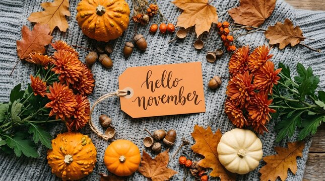 Flat lay composition with orange pumpkins, autumn leaves, acorns, and a hello november tag on a grey knitted sweater background