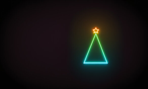 luminous bright green and cyan neon outline christmas tree crowned with a bright yellow star ornament set prominently against a dark void background