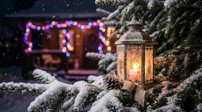 Christmas lantern hanging on snowy pine tree