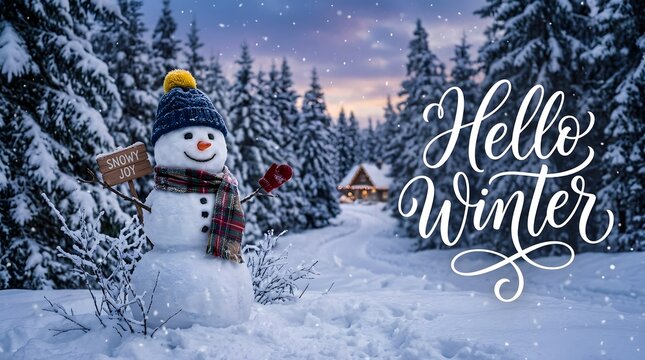 A cheerful snowman wearing a blue hat and scarf stands in a snowy forest with a wooden sign saying snowy joy, with hello winter text overlay