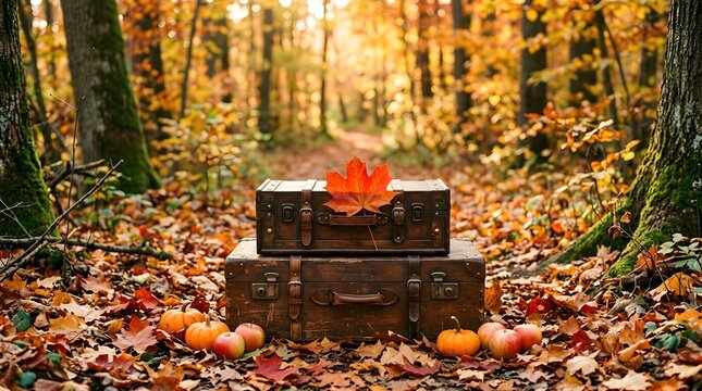 Two vintage wooden suitcases stacked in an autumn forest, surrounded by fallen leaves, pumpkins, and apples with a single red maple leaf on top