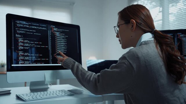Asian female programmer developing new software by reviewing and debugging code on her computer in the office at night