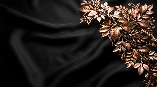 Luxurious opulent rose gold floral vine on flowing black silk fabric background.