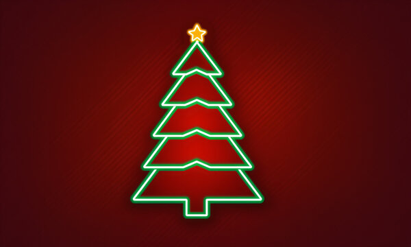 neon green white outline christmas tree with glowing yellow star on top against solid red background