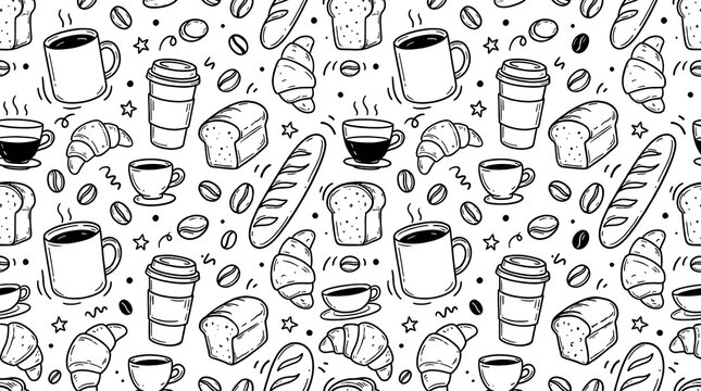 Black and white seamless coffee pattern featuring hand drawn doodles of mugs, croissants, breads, and coffee beans for cafe design.