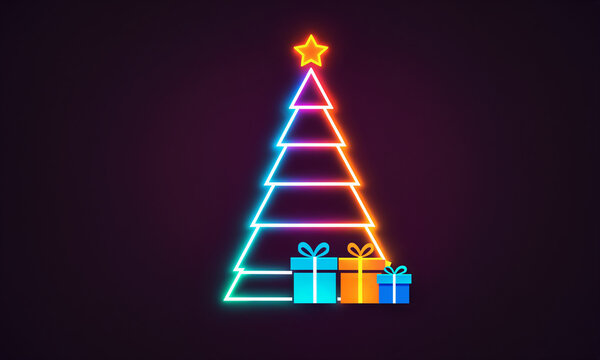 neon christmas tree with yellow star and three colorful gift boxes at base on dark background
