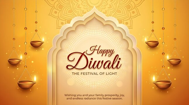 Happy Diwali greeting card vector illustration. Features hanging diya oil lamps, golden arch frame, and elegant mandala patterns. Festive holiday banner for Indian festival of lights.