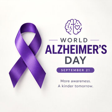 Purple awareness ribbon symbolizing support for world alzheimer day campaign with creative brain icon graphic on clean white background texture