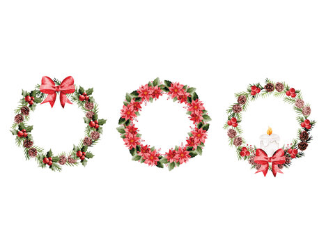 Watercolor Illustration Set of Christmas Wreath