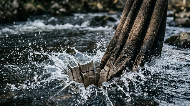 Elisha striking the waters of the Jordan River with Elijah's fallen cloak, parting the water to cross on dry ground.