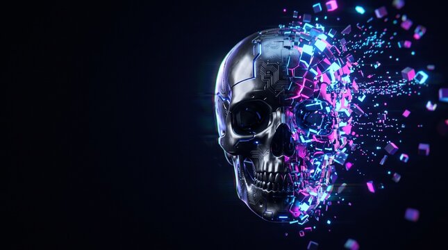 Cyberpunk skull dissolving into glowing blue, pink and purple digital fragments, futuristic glitch effect representing data loss, transformation and virtual technology.