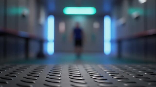 Man Walking Down a Dimly Lit Industrial Corridor with Fluorescent Lighting and Textured Floor