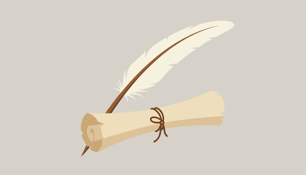 Antique parchment paper scroll tied with a string next to a classic white feather quill pen, isolated.