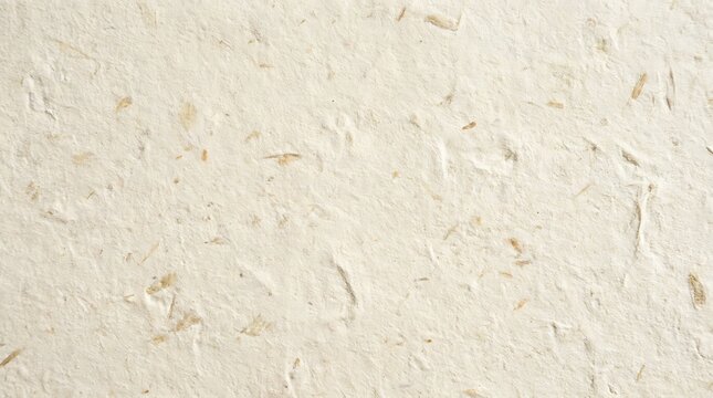 Close up full frame texture of handmade off white fibrous paper with embedded organic botanical inclusions and subtle visible pulp fibers showcasing a natural artisanal and 
