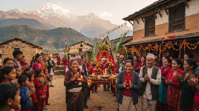 Villagers in Nepal celebrating a traditional festival with a religious palanquin against scenic mountain peaks