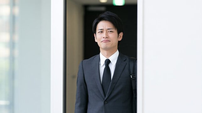 突然の出来事に驚き少し不安を覗かせるドアの前に立つビジネスマン