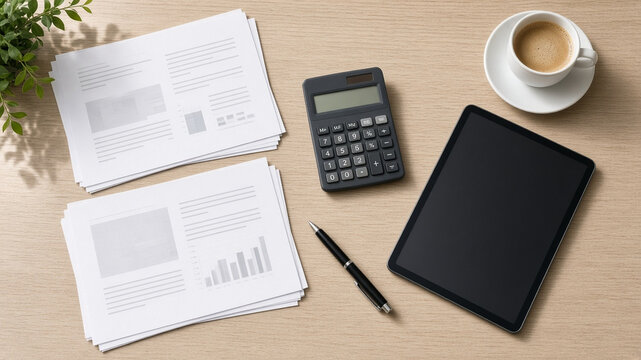 Overhead desk blank documents calculator tablet pen coffee unbranded