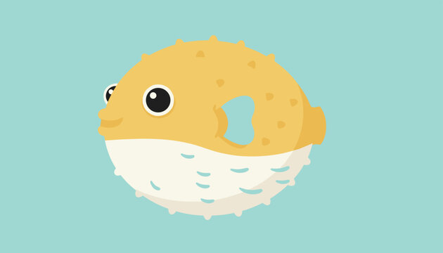 Pufferfish illustration on a blue background is depicted with simple vector style, perfect for marine life concepts.