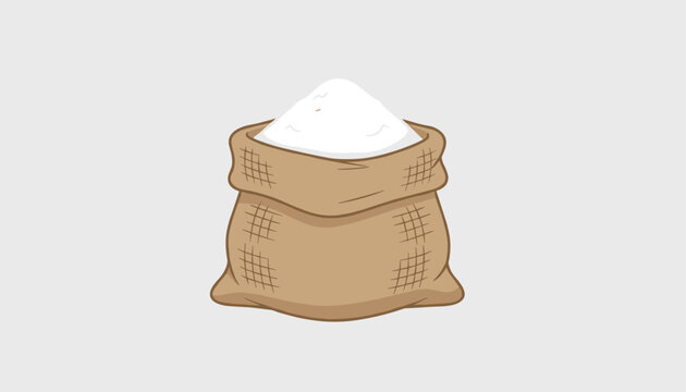 Rustic burlap sack filled with fresh white flour is shown in a clean, simple cartoon illustration style.