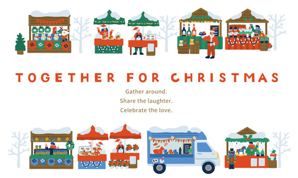 クリスマスマーケットで賑わう屋台が並ぶ「TOGETHER FOR CHRISTMAS」バナーデザイン