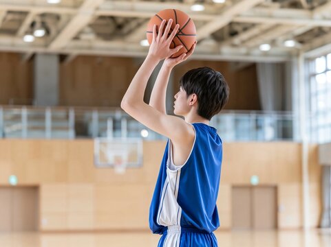 放課後の体育館で真剣にバスケットボールをゴールに向けて構える選手